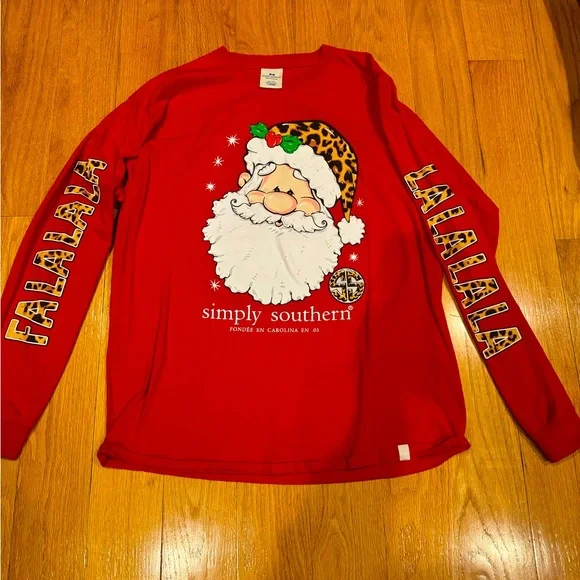 Simply Southern Ladies Red Santa Long Sleeve Tee: size Large - Picture 1 of 3